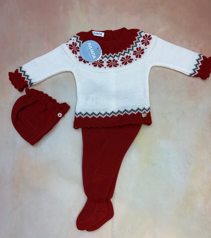 3 piece newborn knit set holiday theme cream & red holiday snow flacks