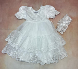 Infant girl romper dress with layered lace eggshell color with bib collar & puff sleeve w/matching headband