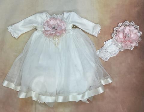 Katie Rose Julie Lace/ Ivory-pink-pearl Bloomer Dress w/matching headband