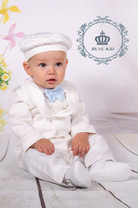 Beau Kids Baby boy white set with sky blue bow tie & waisted detail, with matching hat5008