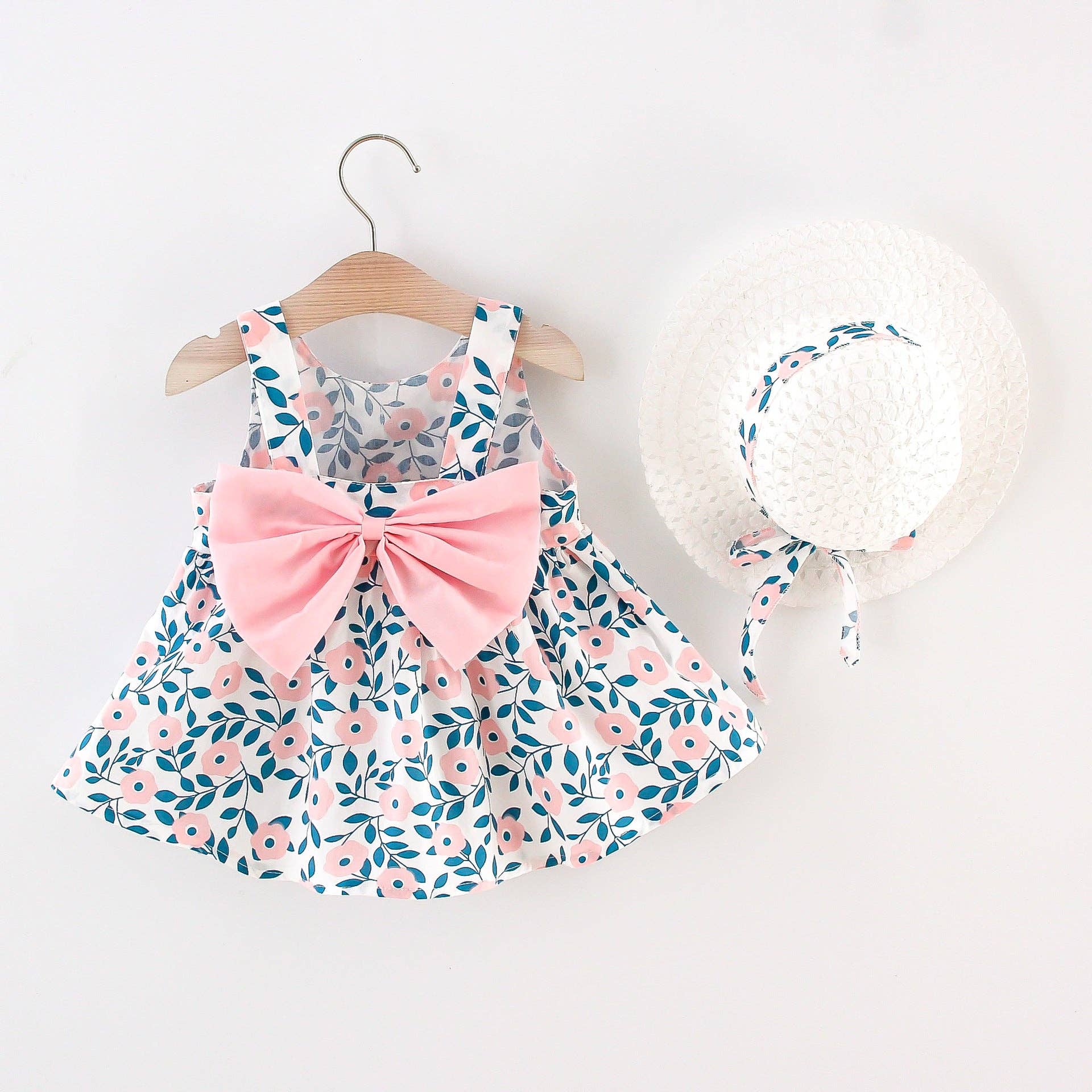 2pcs Floral Print Bowknot Sleeveless Baby Dress: 6-9 Months / Pink