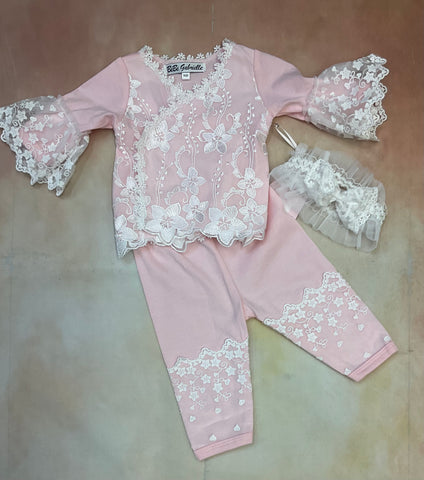 Infant baby girl two piece layette set with lace accented top & pant with matching headband peach