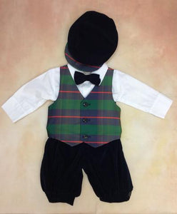 Boys Satin Plaid Vest Navy Blue Velvet Knicker Holiday Outfit with matching rider cap LKC568-Nenes Lullaby Boutique Inc-Nenes Lullaby Boutique Inc