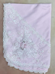Kimi Vintage lace with rolled flower accents  baby girl pink receiving blanket