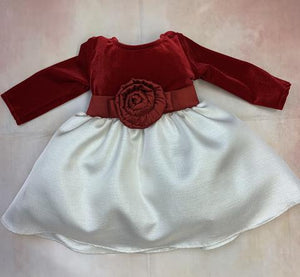 Infant girl Red Stretch velvet & Ivory  Jacquard long Holiday Dress