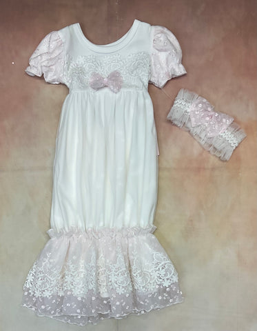 Infant baby girl light pink & white layette gown with matching headband 36663