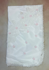 Infant baby girl layette receiving blanket lace & rolled pink roses accented