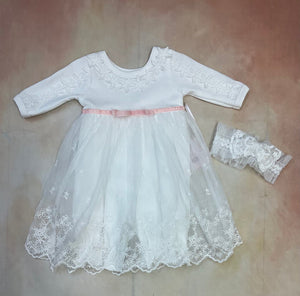 Infant baby girl layette one piece with lace overlay diamond white & peach romper with matching headband