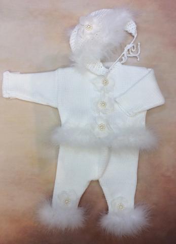 CPK37x Baby Girl White Cotton Cardigan Pant Hat set with Marabou trim-Gita Accessories-Nenes Lullaby Boutique Inc