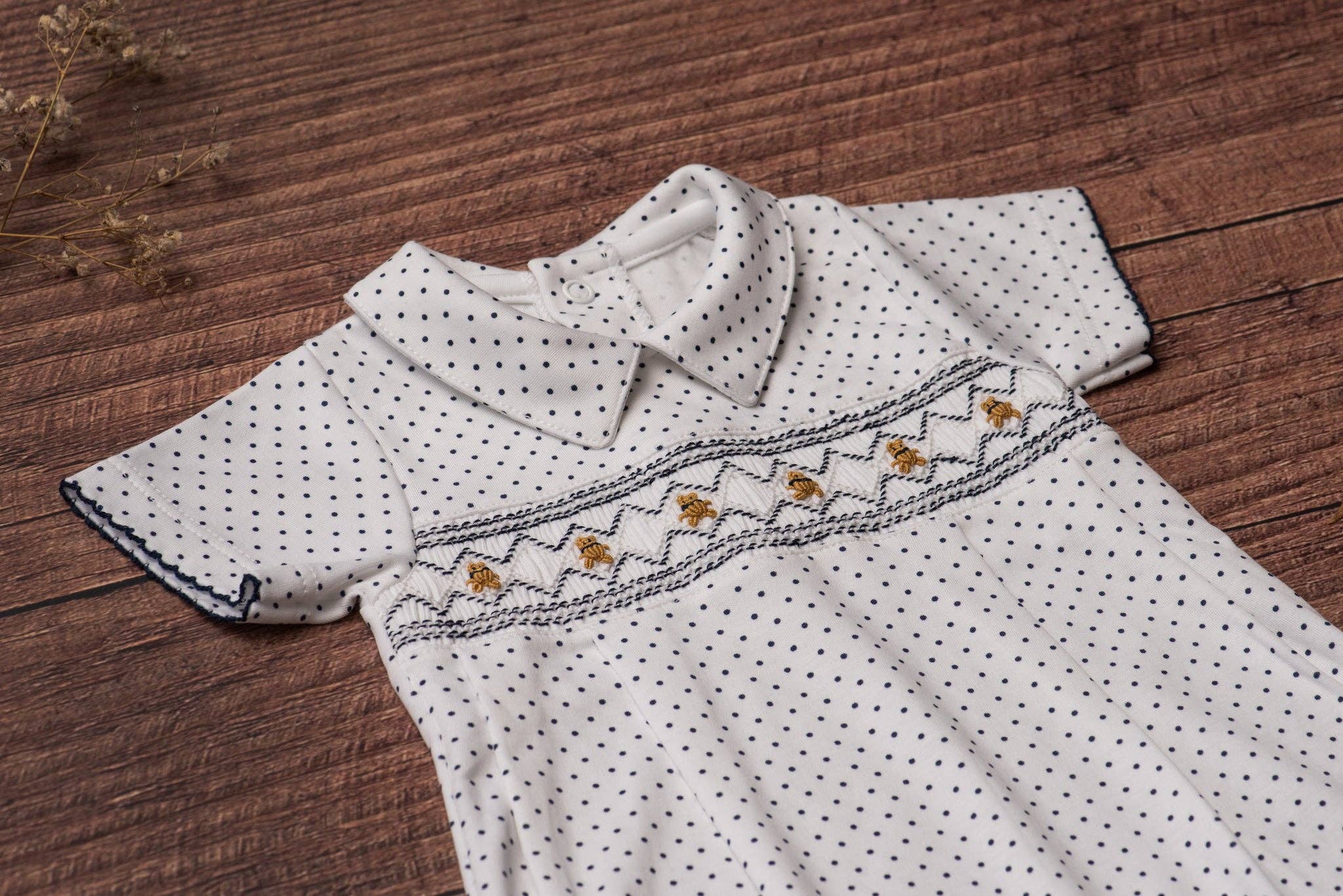 Navy Dots Bears Smocked Baby Romper: 12M