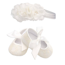 Load image into Gallery viewer, Ivory Lace Baptism Shoe And Headband Set for Baby Girls: 0 (0-3 mo)