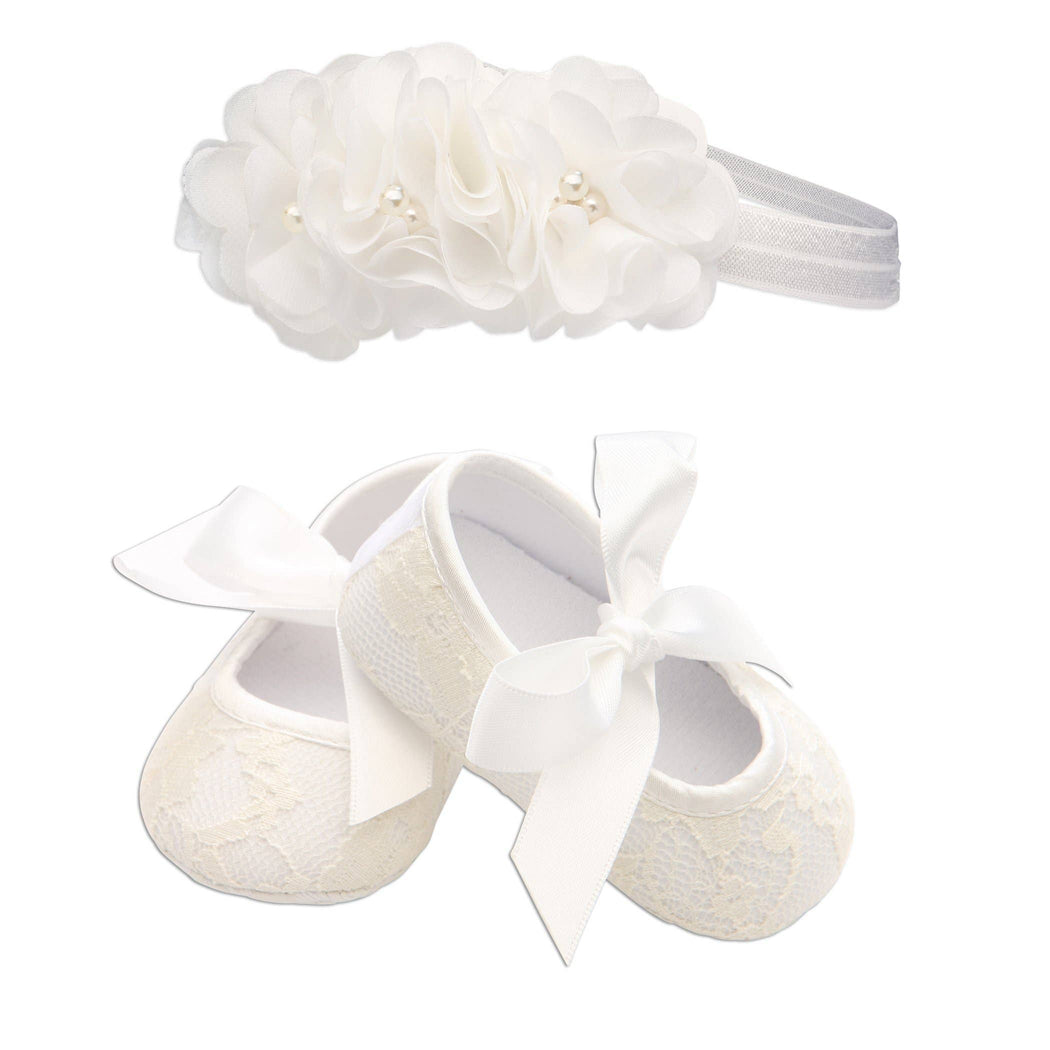 Ivory Lace Baptism Shoe And Headband Set for Baby Girls: 0 (0-3 mo)