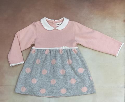 Infant girl peachy pink & gray knit dress