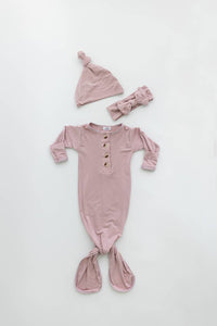 Knotted Baby Gown, Hat & Headband Set (NB - 3 mo) Dusty Rose