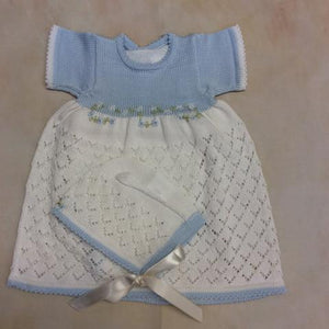ATKSP286 infant girl sky blue & cream knit dress with matching bonnet & panty-Private Label-Nenes Lullaby Boutique Inc
