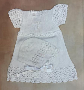 TZVC-015 infant girl all white knit dress with matching panty/ bonnet with rolled satin cross with pearl-Private Label-Nenes Lullaby Boutique Inc