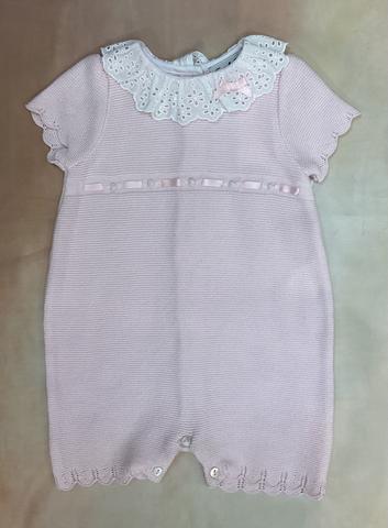 008112 Sarah Louise Pink & White infant 100% cotton Bubble with lace collar robbin and embroidered flowers across chest-Sarah Louise-Nenes Lullaby Boutique Inc
