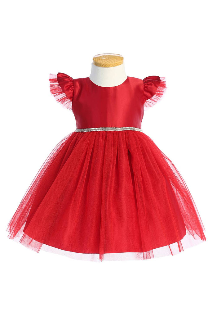 SK910 - satin with shiny crystal tulle & flutter sleeve - Nenes Lullaby Boutique Inc
