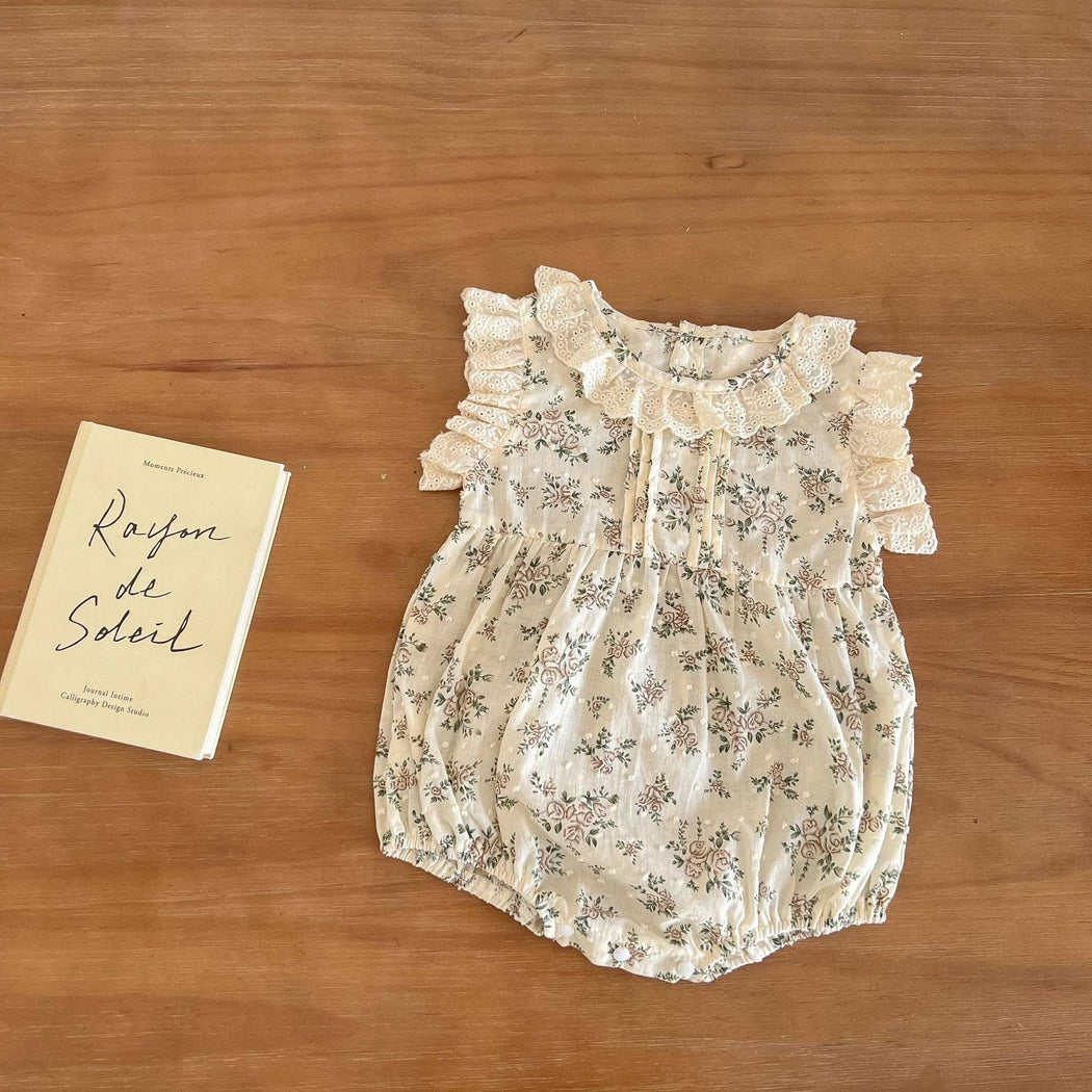 Baby Floral Print Lace Ruffle Design Sleeveless Onesies
