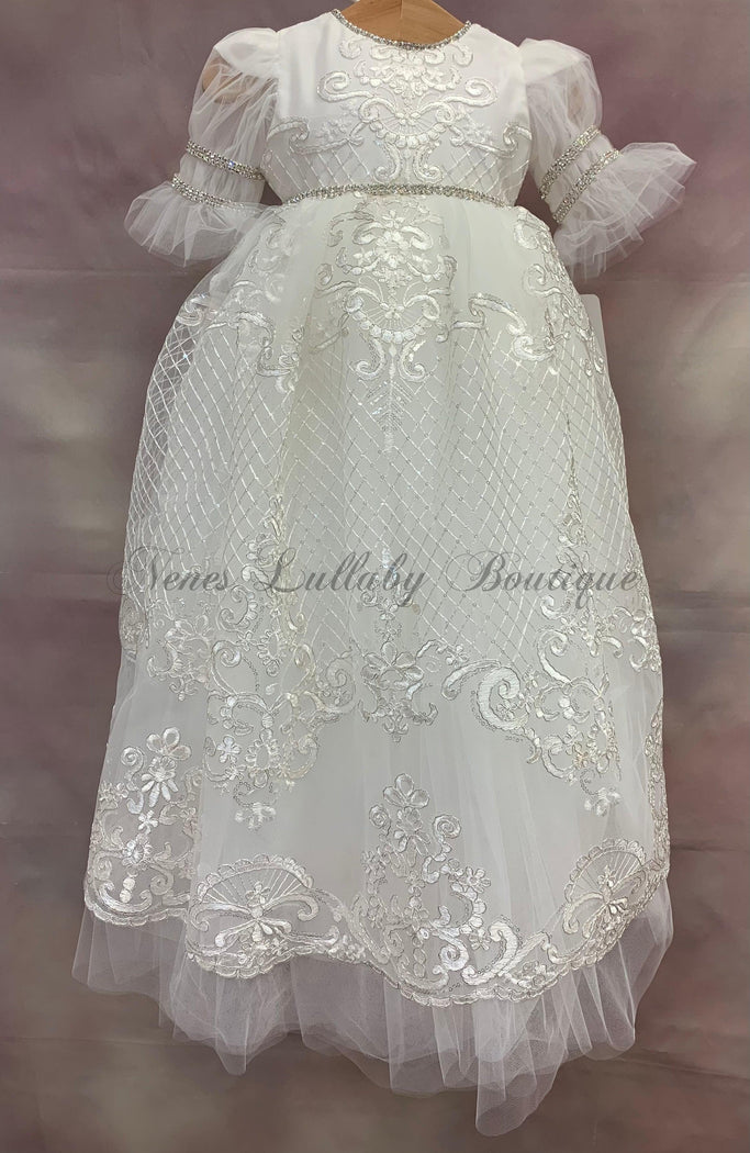 Girls White Metallic re-embroidered lace christening gown  by Piccolo Bacio Couture