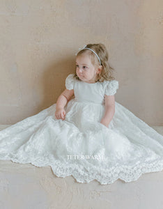 Teter Warm B128 Long Lace Christening Gown with Rhinestone Belt and Matching Bonnet