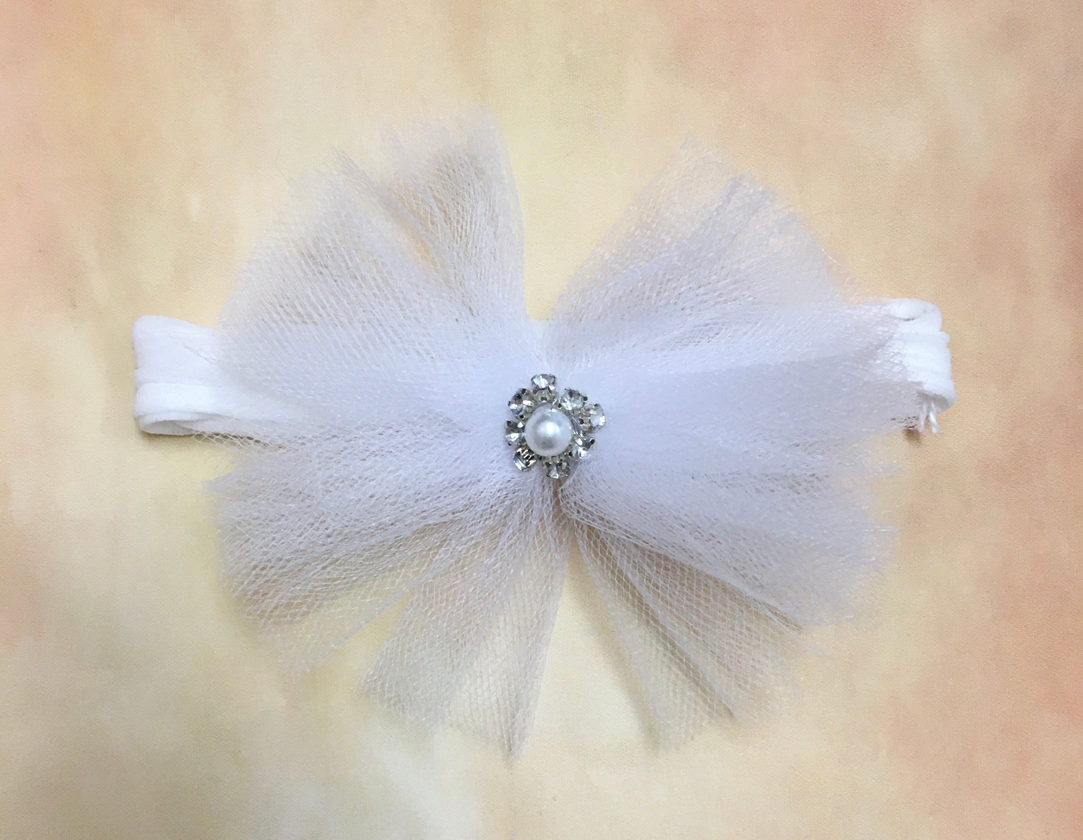 BW1 Tulle headband with rhinestone pearl center on stocking stretch band-Nenes Lullaby Boutique Inc-Nenes Lullaby Boutique Inc
