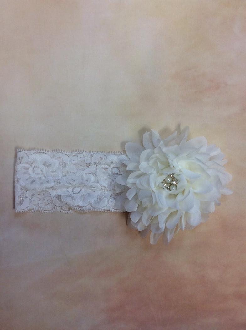 BWIL6 Diamond White Lace headband with Pearl & Rhinestone Center Stone-Nenes Lullaby Boutique Inc-Nenes Lullaby Boutique Inc