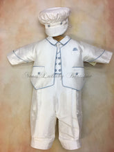Load image into Gallery viewer, Blue Nunzio 100% white silk Christening suit with blue piping on jacket vest with long pant matching newsboy cap-Piccolo Bacio Christening-Nenes Lullaby Boutique Inc