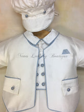 Load image into Gallery viewer, Blue Nunzio 100% white silk Christening suit with blue piping on jacket vest with long pant matching newsboy cap-Piccolo Bacio Christening-Nenes Lullaby Boutique Inc
