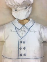 Load image into Gallery viewer, Blue Pio White Silk with blue trim Christening outfit by Piccolo Bacio PB_Blue_Pio_ws_ss_lp-Piccolo Bacio Christening-Nenes Lullaby Boutique Inc