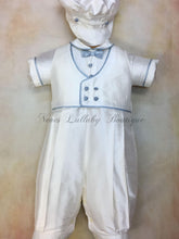 Load image into Gallery viewer, PB_Blue_Willie_ws_ ss_lp, Piccolo Bacio Blue Willie white silk Christening outfit trim in sky blue-Piccolo Bacio Christening-Nenes Lullaby Boutique Inc