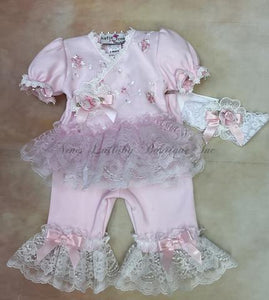 Tutu/Pink infant girl baby layette set with Pink & white lace with matching headband-Katie Rose-Nenes Lullaby Boutique Inc