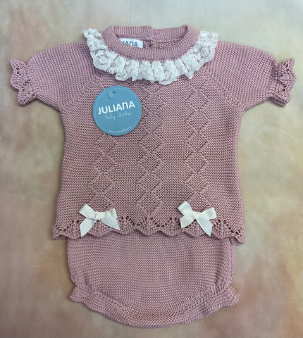 J5089 Baby Girl 2 piece top and short Mauve Lace collar & ribbon accent