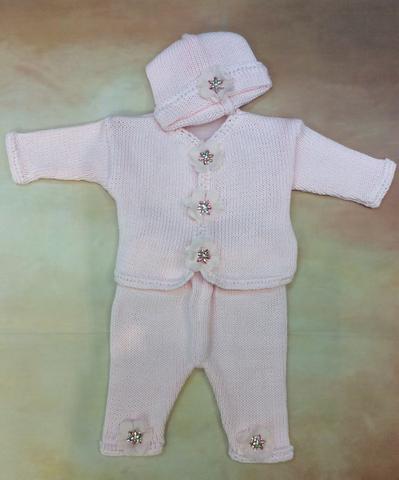 CPK673LP Baby Girl Pink Cotton Cardigan Pant Hat set jewel button-Gita Accessories-Nenes Lullaby Boutique Inc