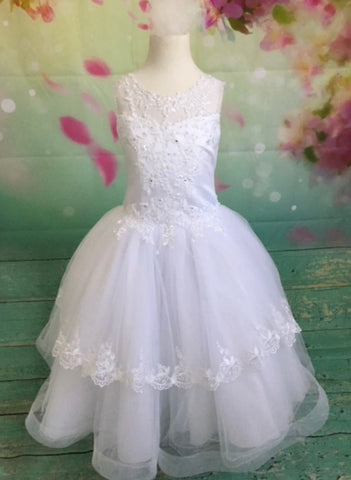 Christie Helene Girls White Tulle & Satin Lace Communion Dress P1533 - Nenes Lullaby Boutique Inc