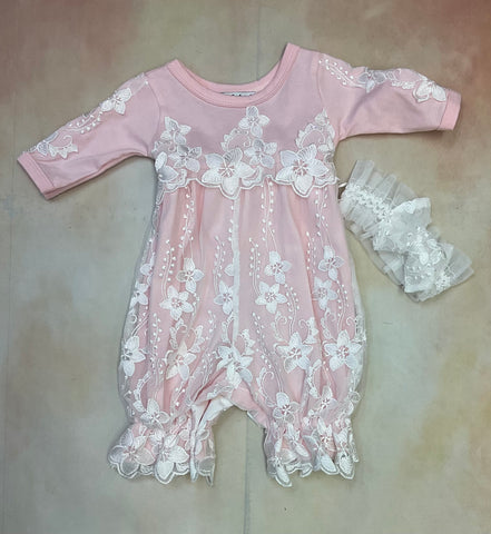 Infant girls layette romper set with lace overlay & matching headband