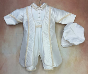Valentino boy Christening / Baptism Suit White Silk with cream cording accents with matching news boy cap by Piccolo Bacio