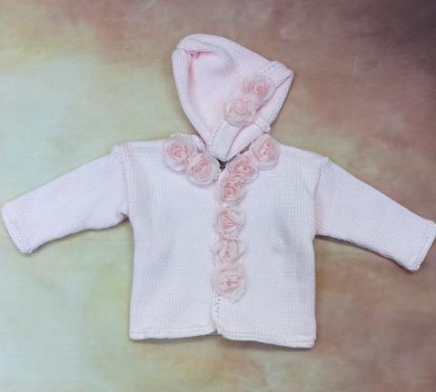 CK621PF Baby Girl Pink Cardigan and Hat set Rolled Flower button-Gita Accessories-Nenes Lullaby Boutique Inc