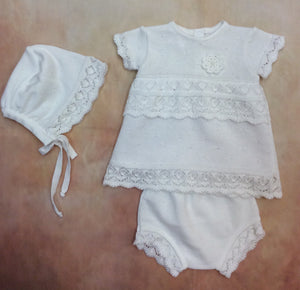 DG87SS20QUA232G All white 100% cotton summer knit dress & panty & bonnet set-Private Label-Nenes Lullaby Boutique Inc