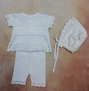 DG88SS20QUA260AA 100% White knit Tunic Dress & leggings with bonnet-Private Label-Nenes Lullaby Boutique Inc