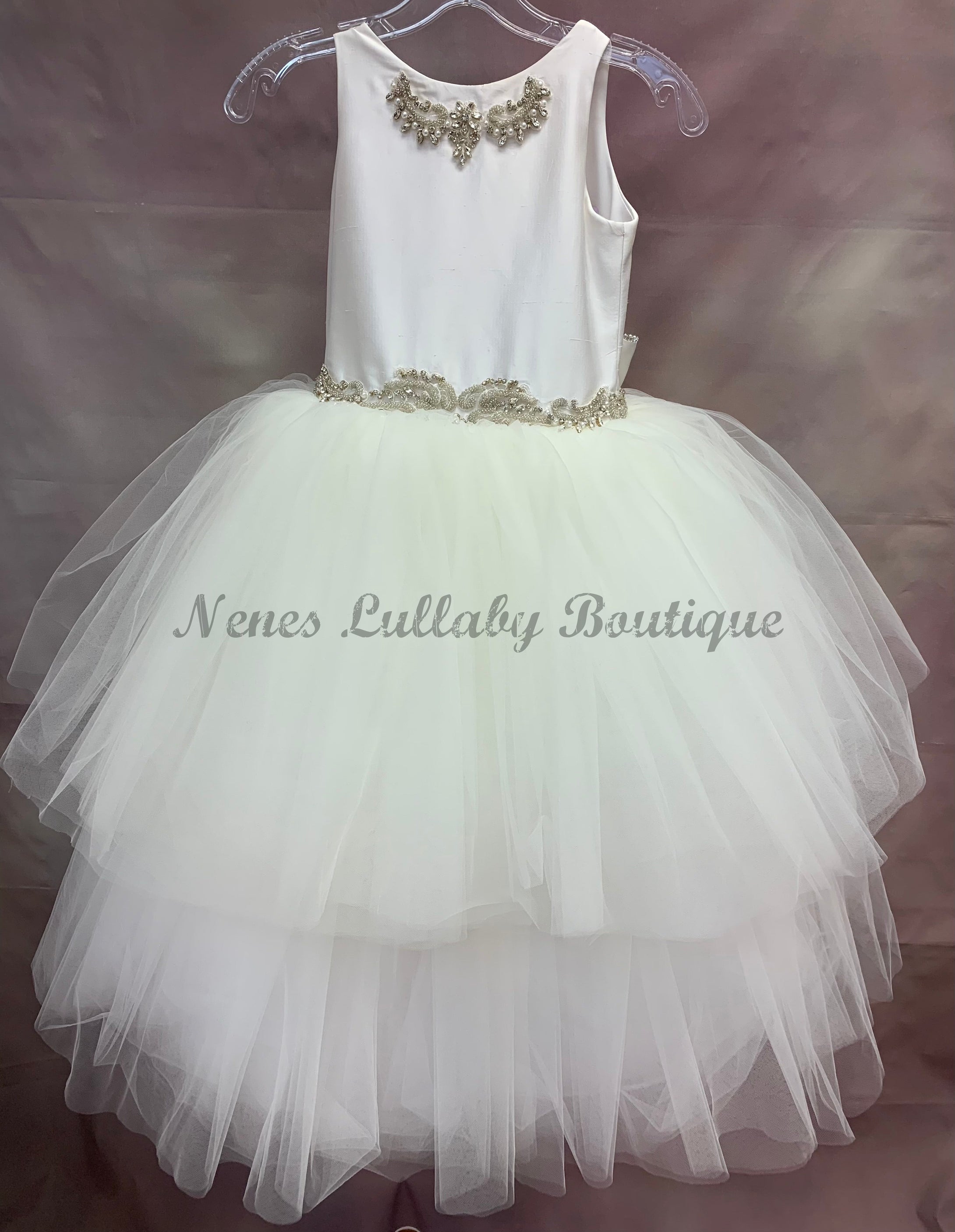 Dominique Custom Communion Dress with Jeweled Silk top & two tier tulle skirt by Piccolo Bacio Couture