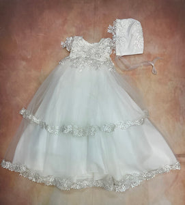 Rachel Girls Diamond White Christening gown w/matching bonnet