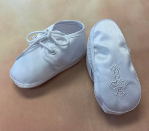 Boys infant  white satin christening shoes with cross bottom