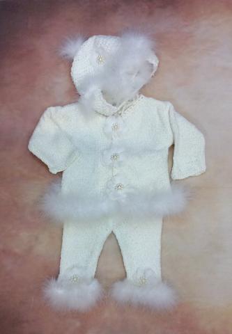 CPk35x Baby Girl White Chenille Cardigan Pant Hat set with Marabou trim-Gita Accessories-Nenes Lullaby Boutique Inc