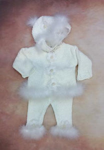 CPk35x Baby Girl White Chenille Cardigan Pant Hat set with Marabou trim-Gita Accessories-Nenes Lullaby Boutique Inc