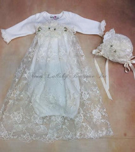 Elise Baby Girl Lace Take home gown with matching Bonnet Set by Katie Rose-Katie Rose-Nenes Lullaby Boutique Inc
