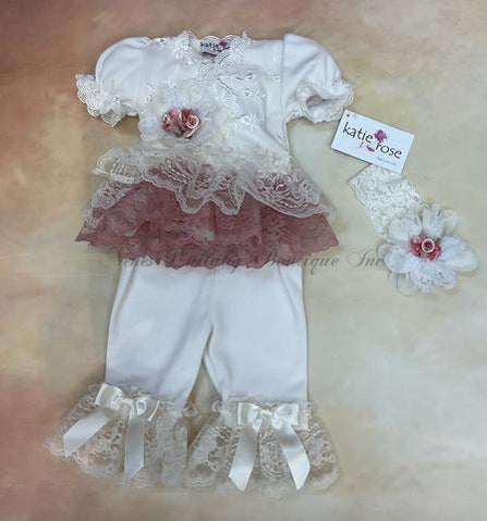 Tutu/MVIL infant girl baby layette set with Ivory & Mauve lace with matching headband-Katie Rose-Nenes Lullaby Boutique Inc