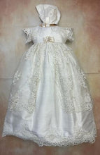 Load image into Gallery viewer, Nicolette Girls 100% all silk lace  Christening gown with matching brim bonnet by Piccolo Bacio - Nenes Lullaby Boutique Inc