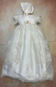 Nicolette Girls 100% all silk lace  Christening gown with matching brim bonnet by Piccolo Bacio - Nenes Lullaby Boutique Inc