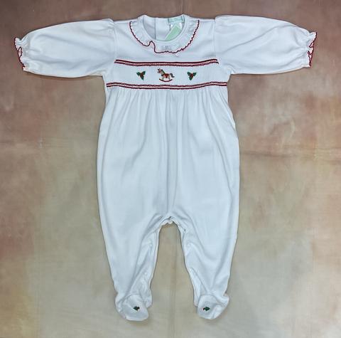 Baby Girl infant Holiday Christmas Rocking horse smocked footie